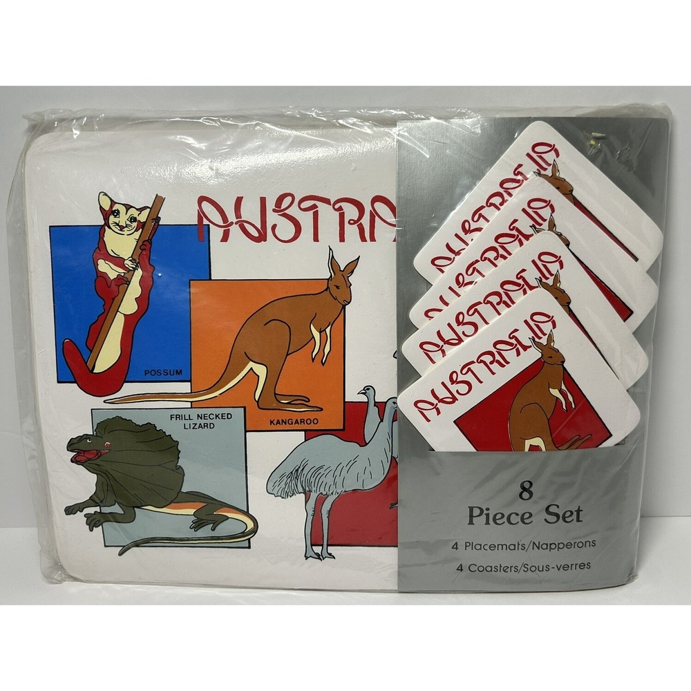 Vintage Australia Themed Placemats Coaster Set Animals Vinyl 4 Settings NOS Rare